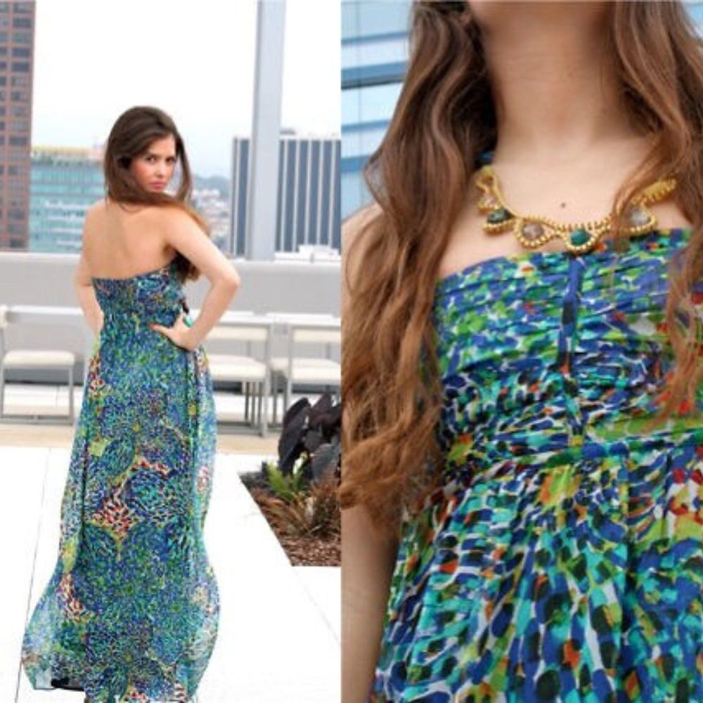Zara Multicolor Mosaic Floral Grecian Strapless Pullover Long Maxi Dress S